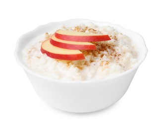 Photo of Delicious rice pudding with cinnamon and apple isolated on white