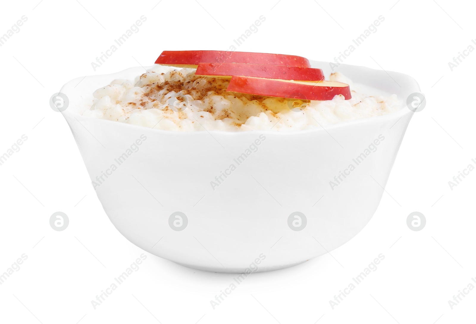 Photo of Delicious rice pudding with cinnamon and apple isolated on white