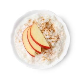 Photo of Delicious rice pudding with cinnamon and apple isolated on white, top view