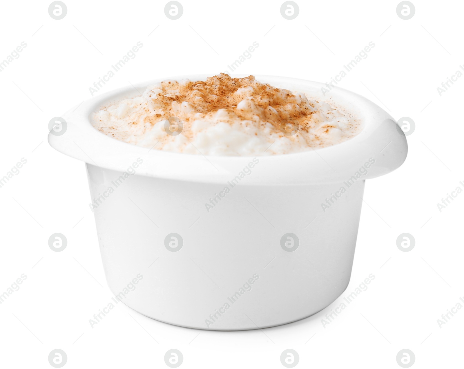 Photo of Delicious rice pudding with cinnamon isolated on white