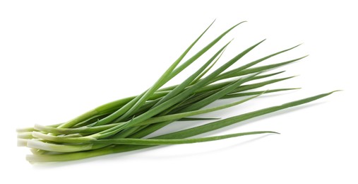 Photo of Many fresh green onions isolated on white