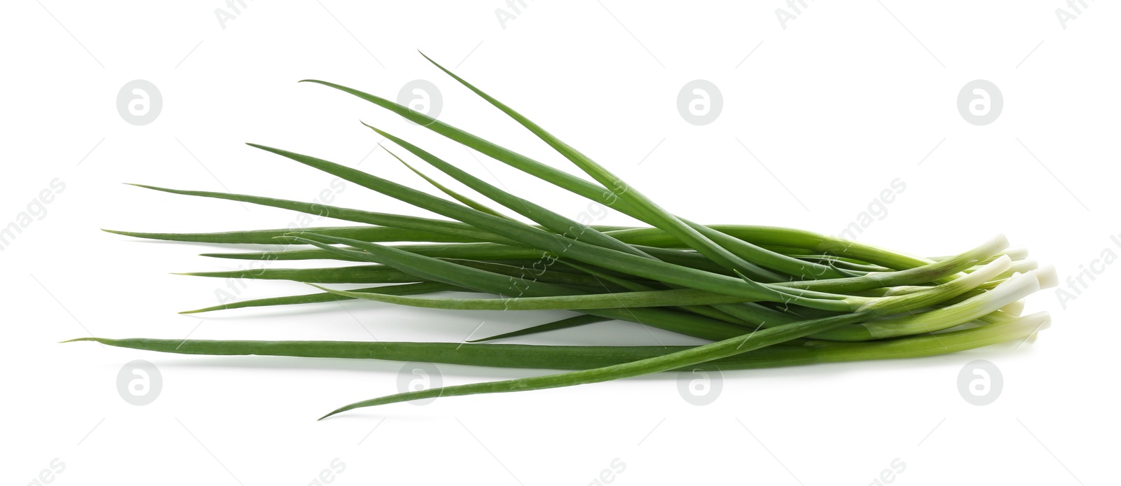 Photo of Many fresh green onions isolated on white