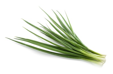 Photo of Fresh green onions isolated on white, top view