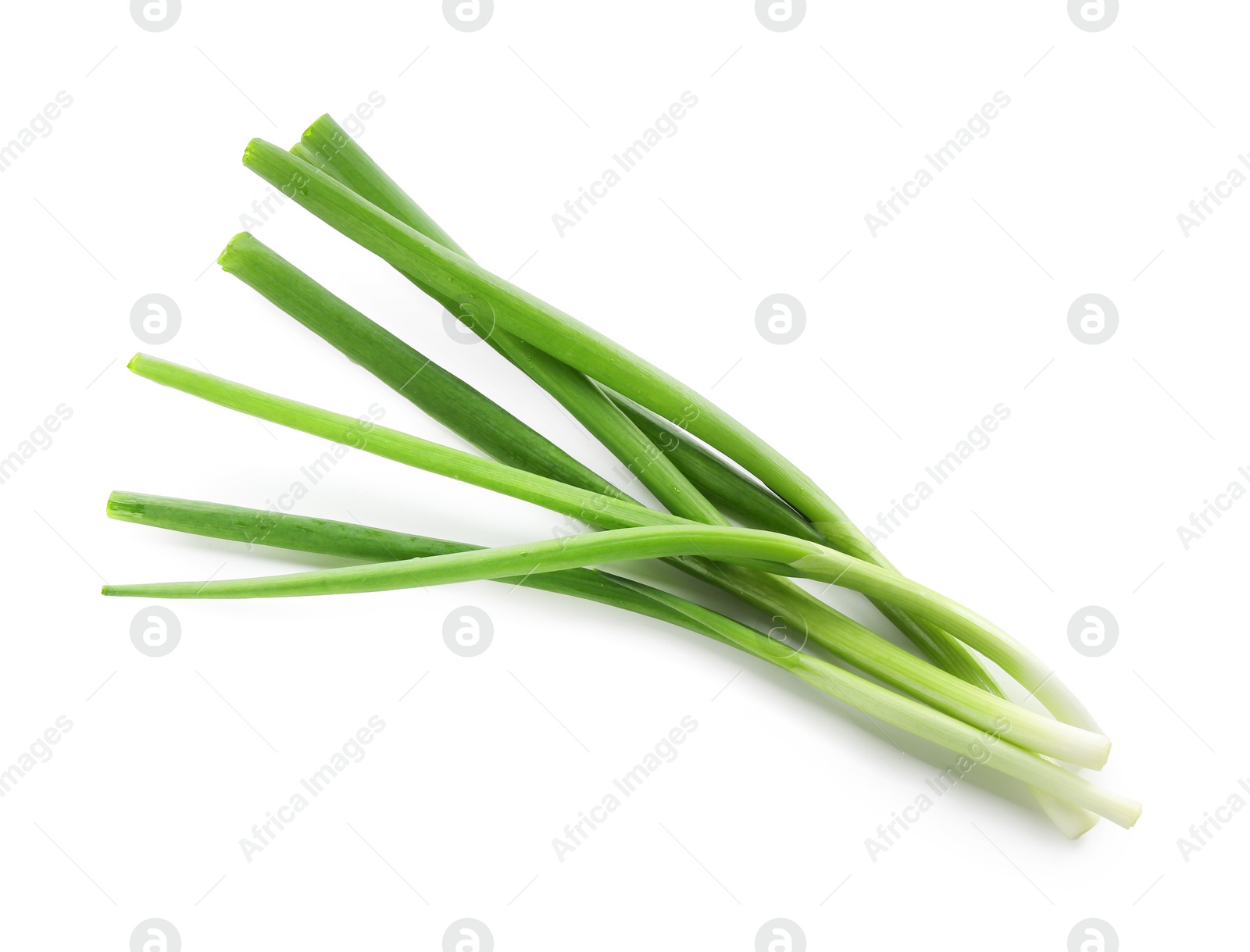 Photo of Fresh green onions isolated on white, top view