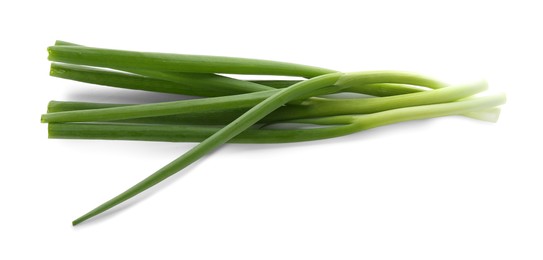 Photo of Many fresh green onions isolated on white