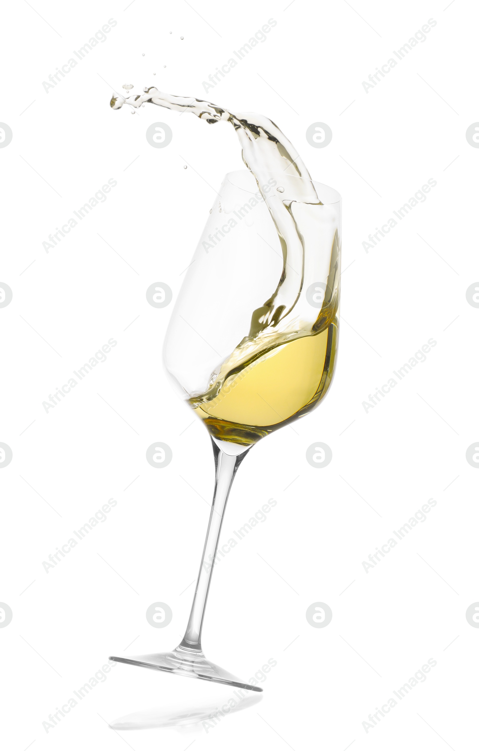 Photo of Tasty wine splashing in glass on white background