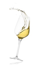 Photo of Tasty wine splashing in glass on white background