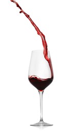 Photo of Red wine splashing in glass on white background