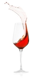 Photo of Rose wine splashing in glass on white background