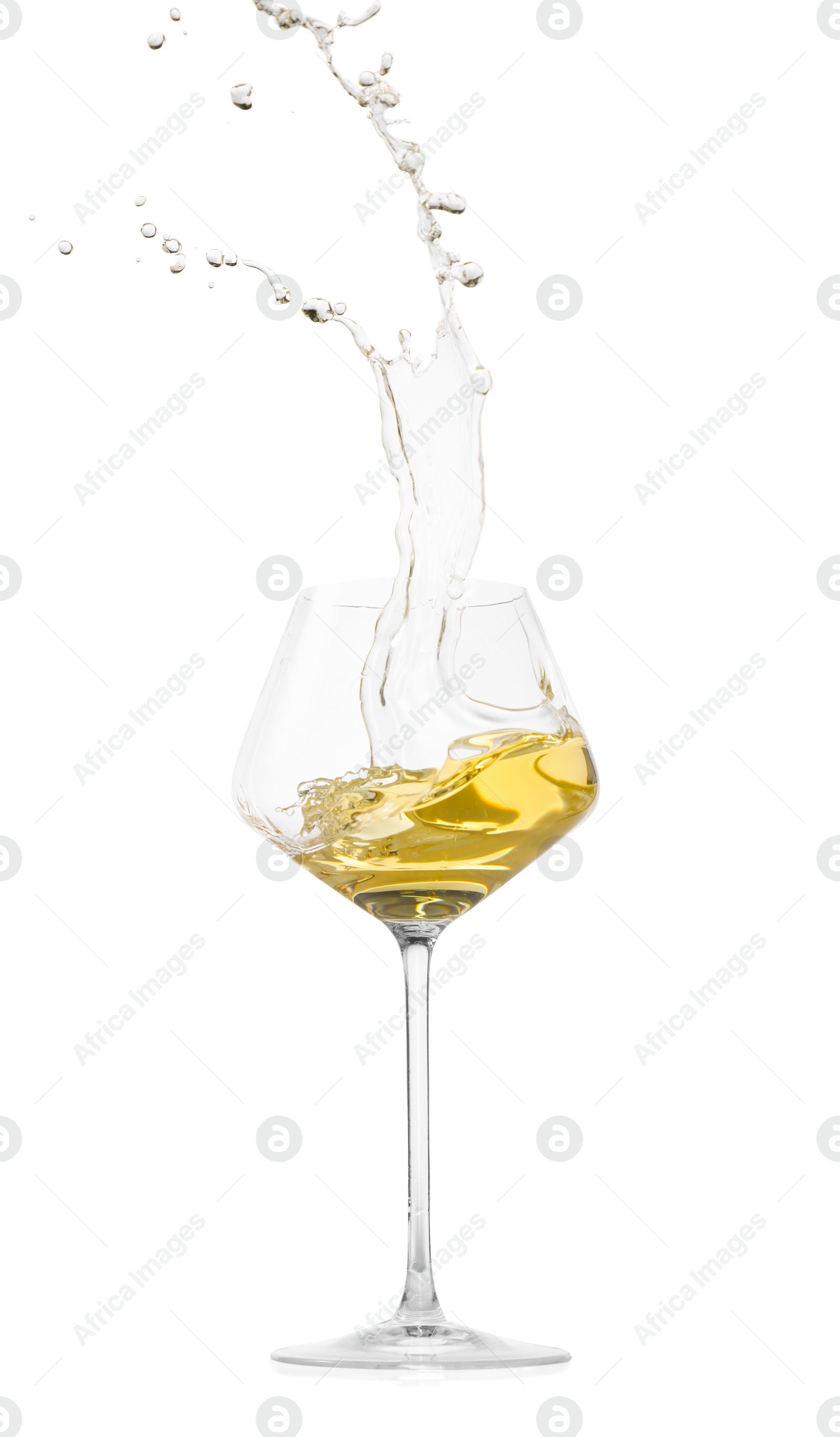 Photo of Tasty wine splashing in glass on white background