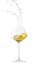 Photo of Tasty wine splashing in glass on white background