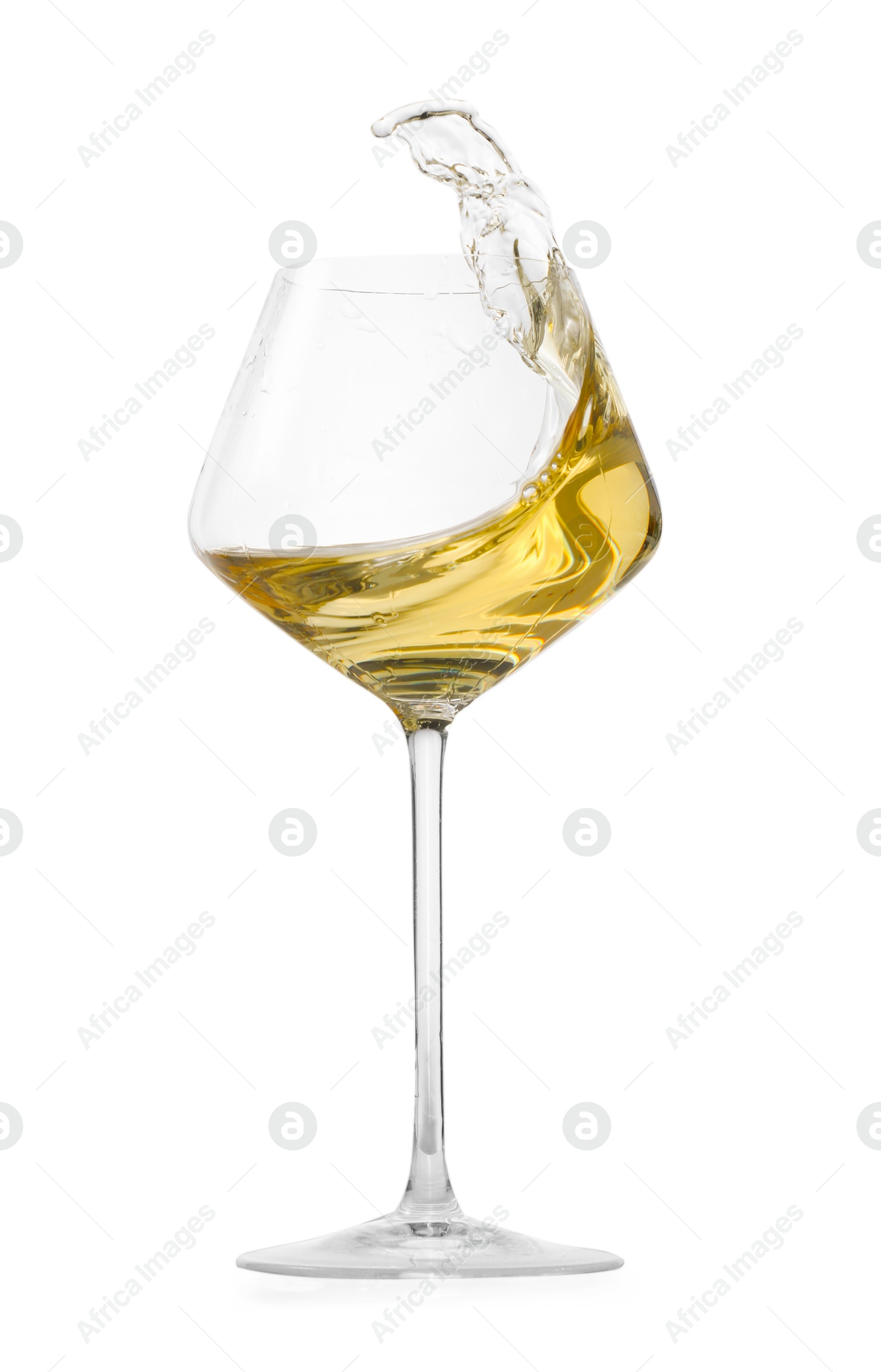 Photo of Tasty wine splashing in glass on white background