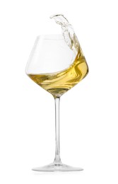 Photo of Tasty wine splashing in glass on white background