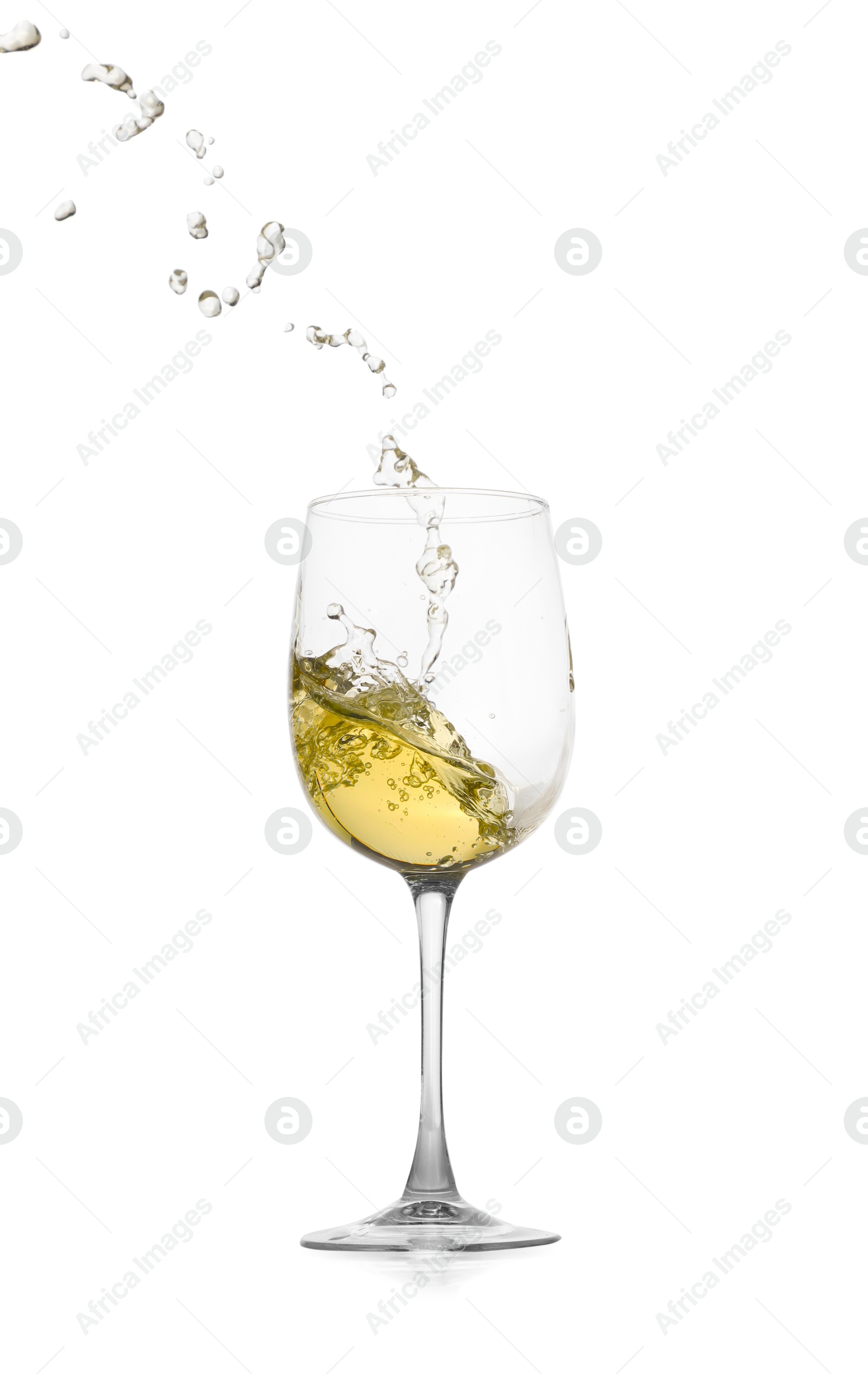 Photo of Tasty wine splashing in glass on white background