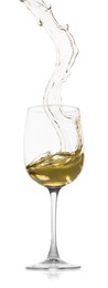 Photo of Tasty wine splashing in glass on white background