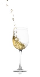 Photo of Tasty wine splashing in glass on white background