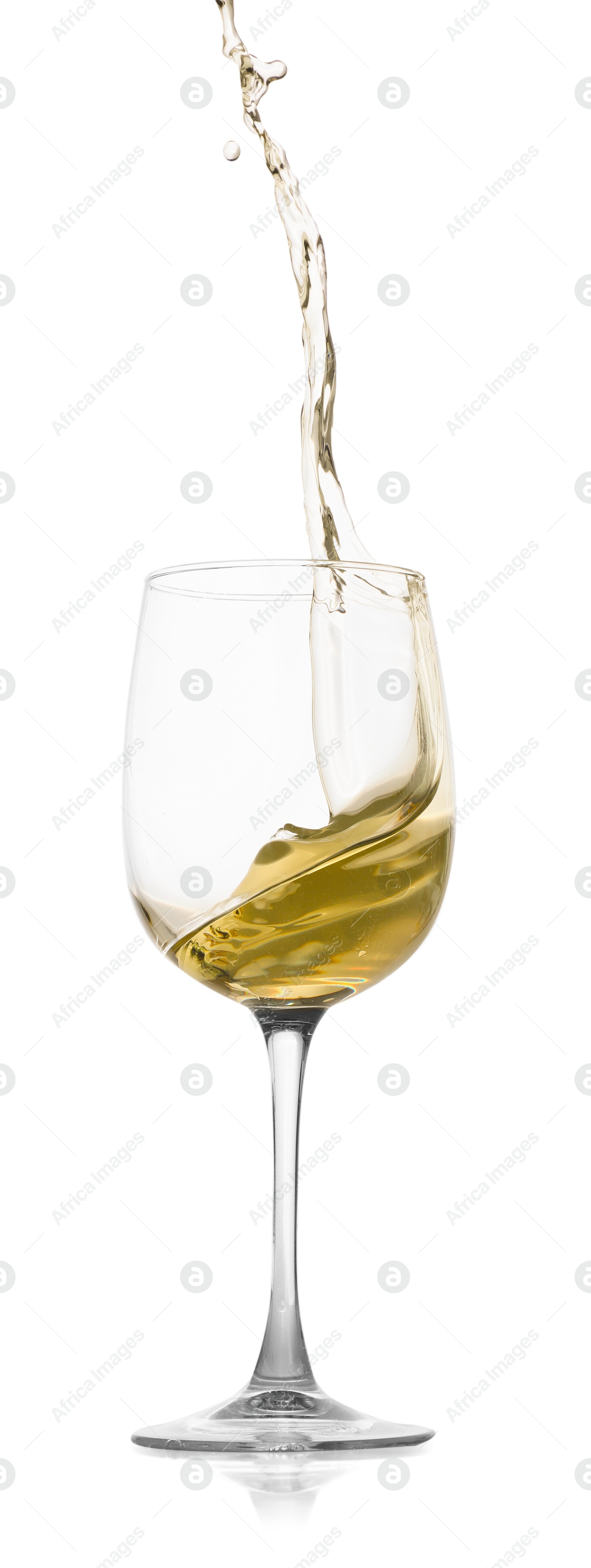 Photo of Tasty wine splashing in glass on white background