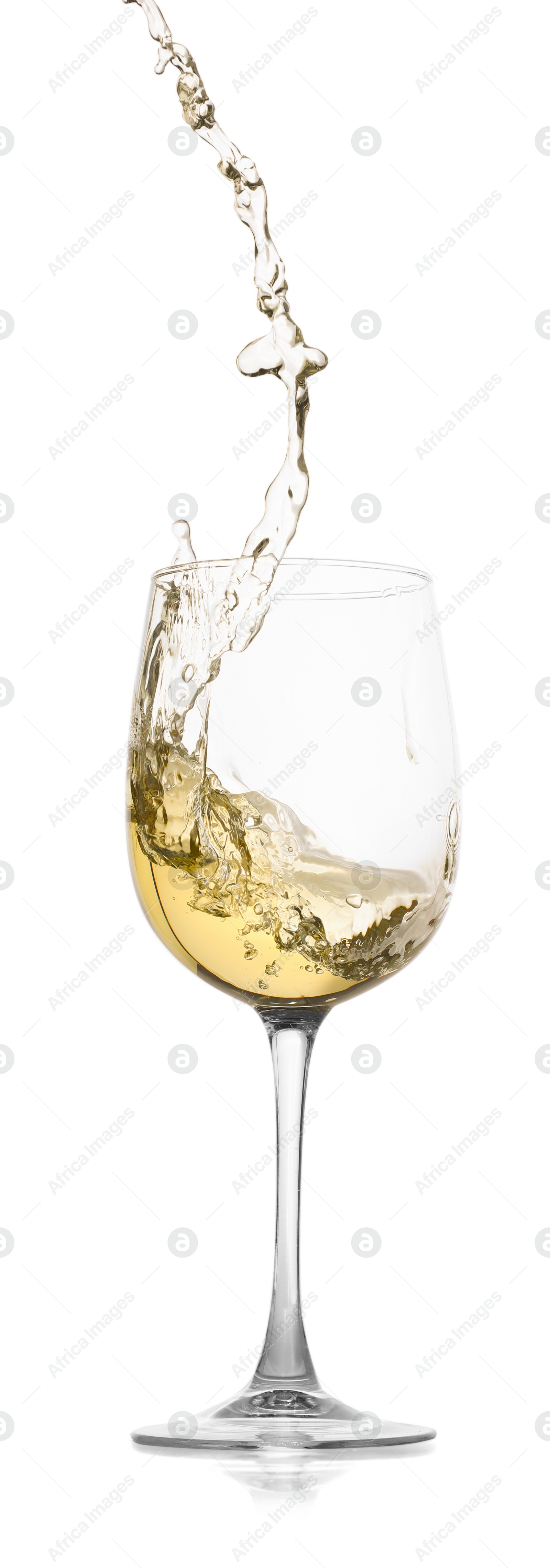 Photo of Tasty wine splashing in glass on white background