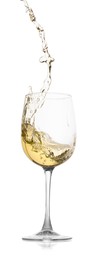 Photo of Tasty wine splashing in glass on white background