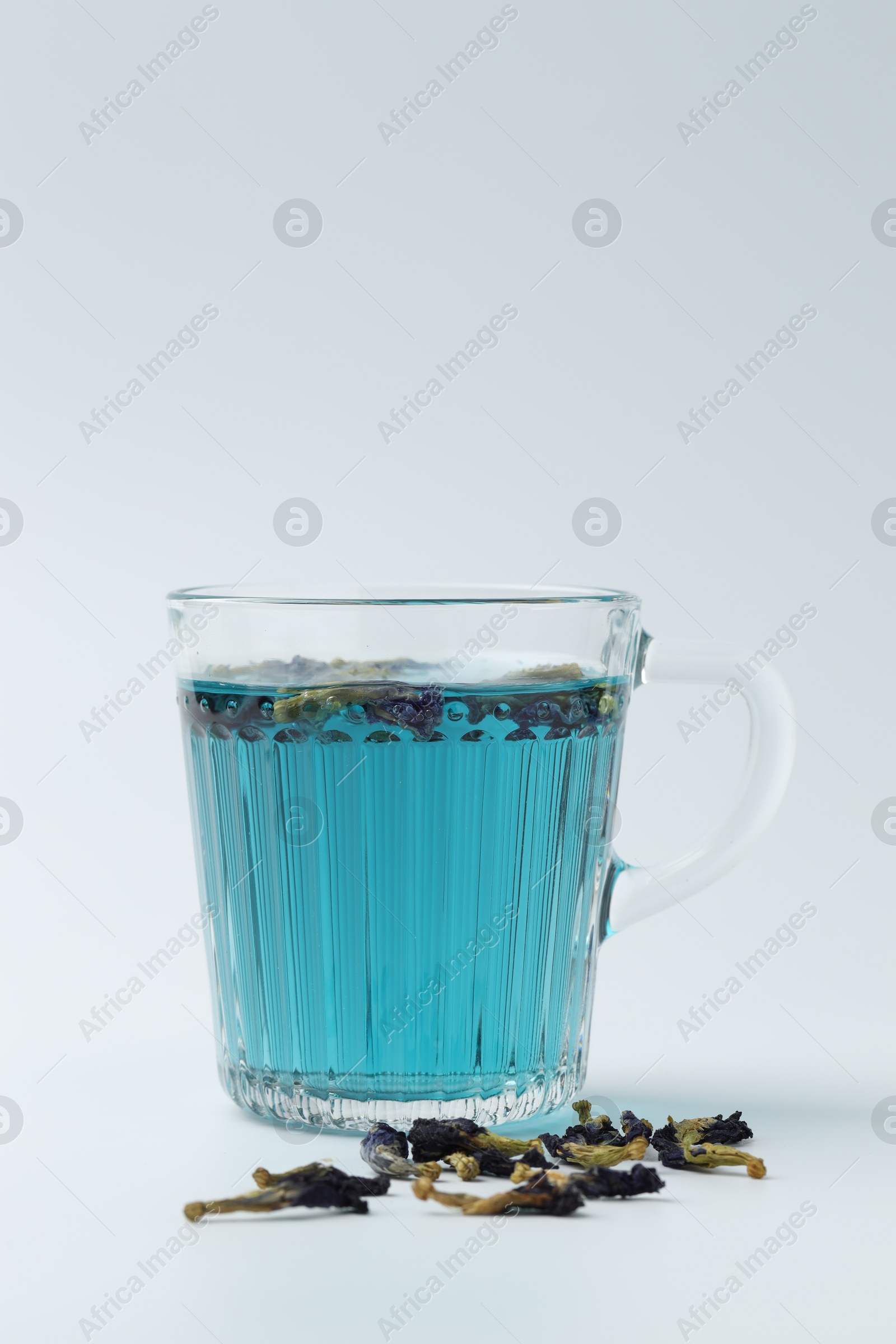 Photo of Fresh butterfly pea flower tea in cup and dry petals on white table, closeup