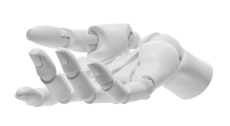 Photo of Artificial intelligence. Robot hand gesturing on white background