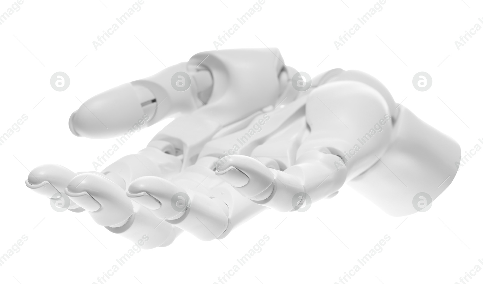 Photo of Artificial intelligence. Robot hand gesturing on white background