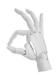 Photo of Artificial intelligence. Robot hand showing ok gesture on white background