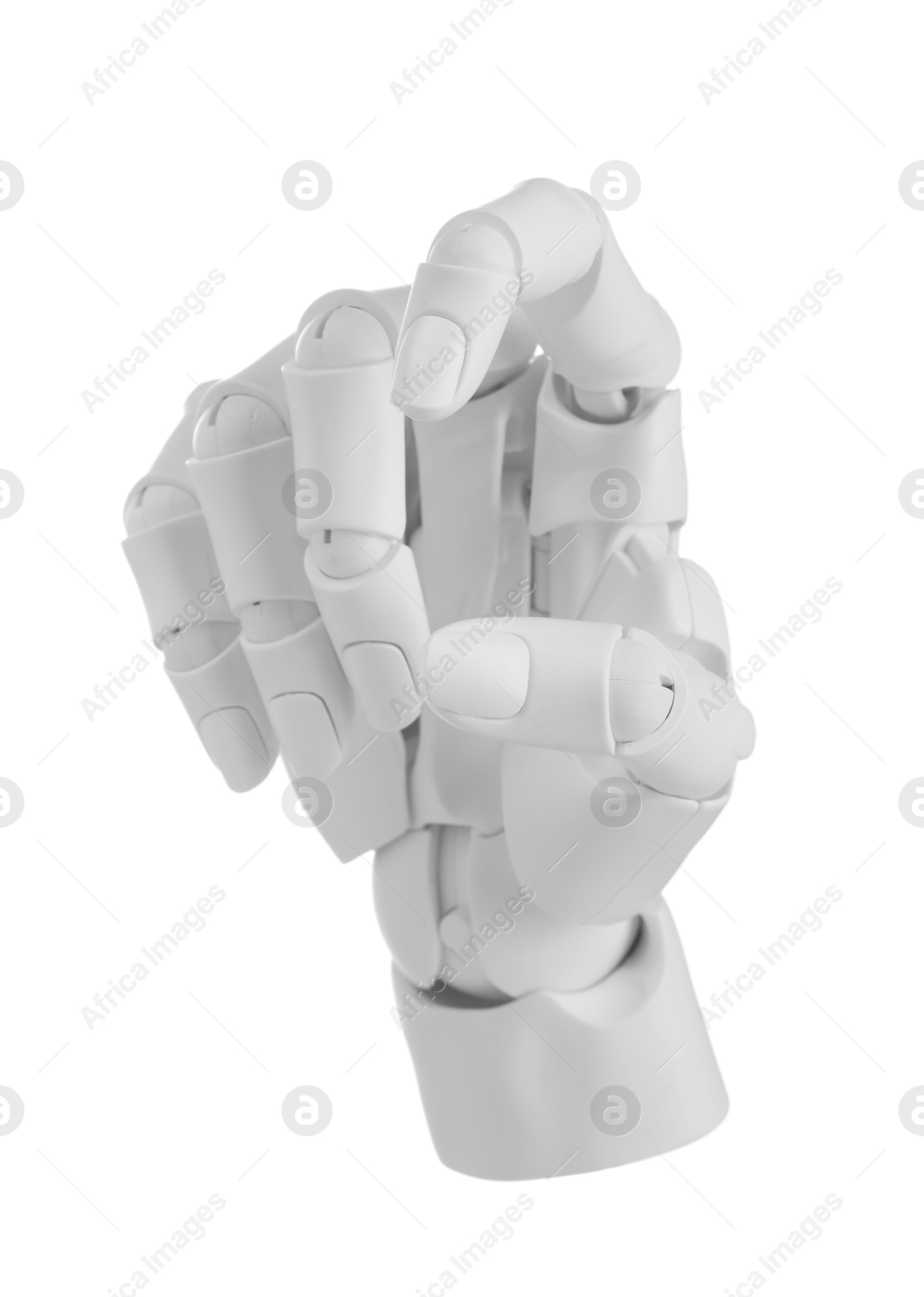 Photo of Artificial intelligence. Robot hand gesturing on white background