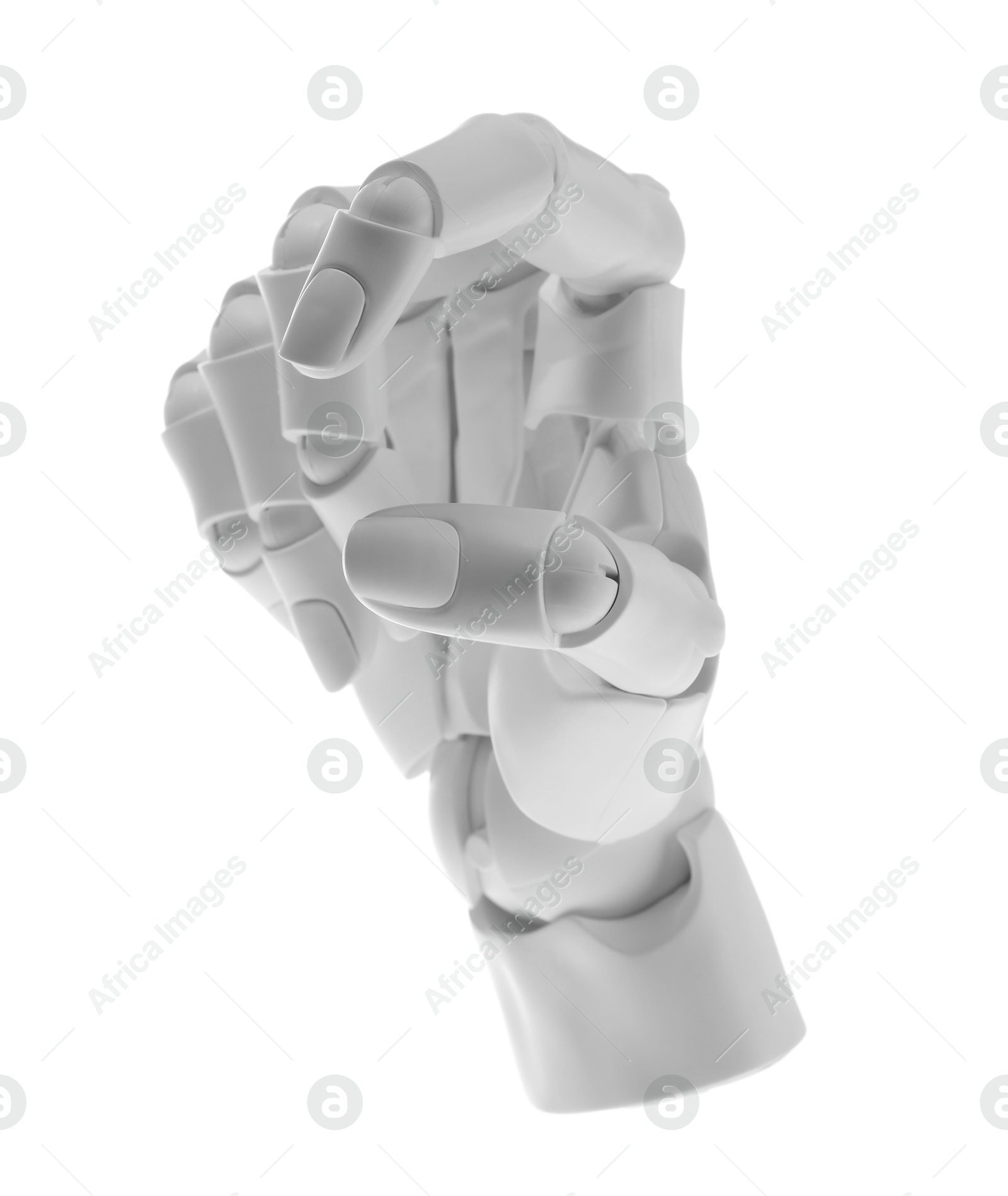 Photo of Artificial intelligence. Robot hand gesturing on white background