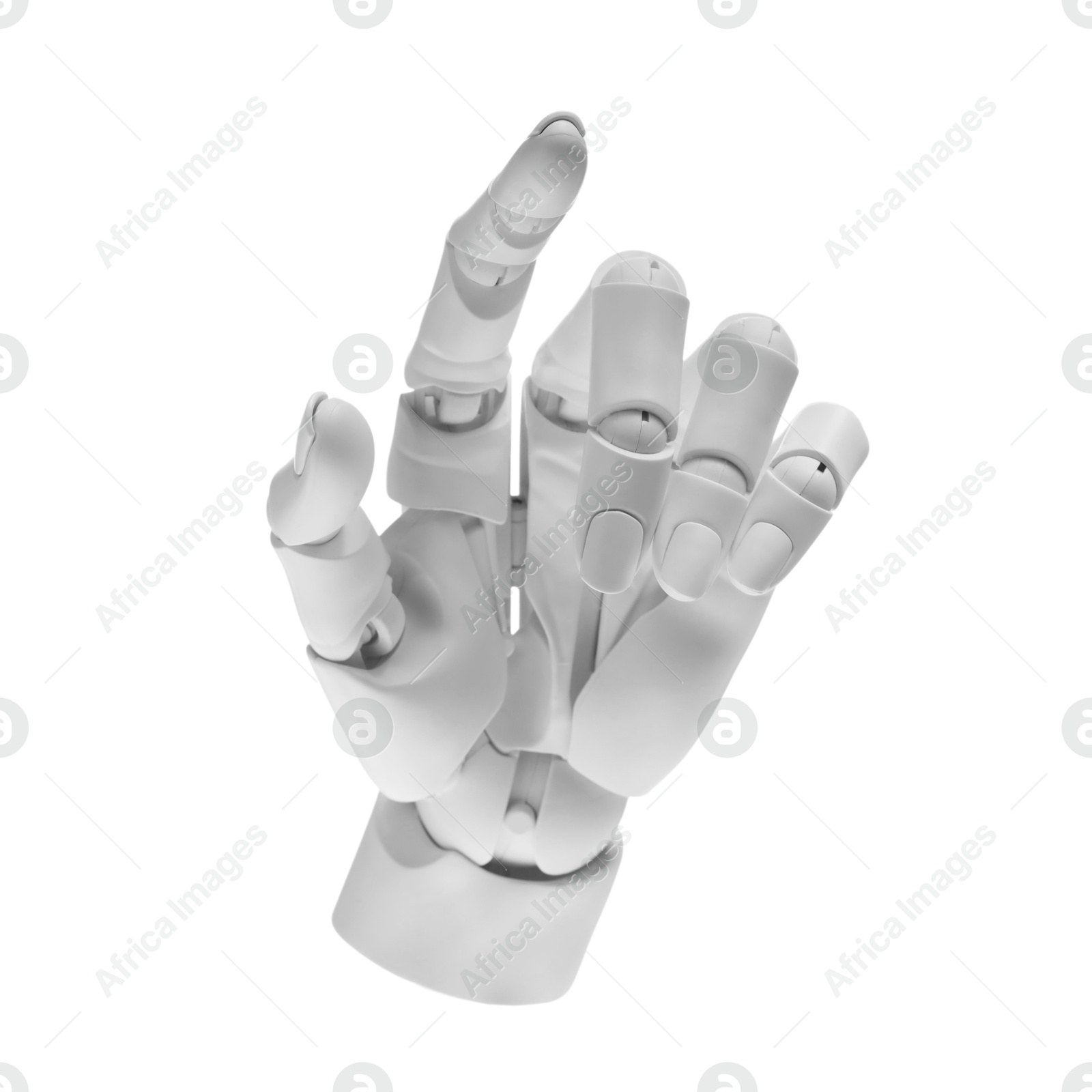 Photo of Artificial intelligence. Robot hand pointing at something on white background