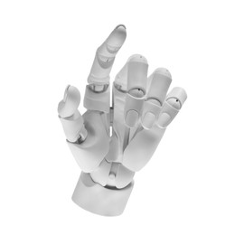 Photo of Artificial intelligence. Robot hand pointing at something on white background