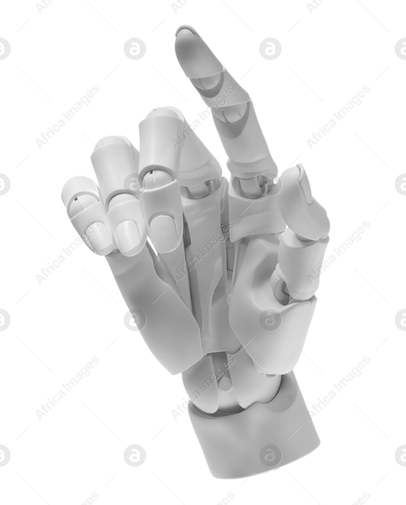 Photo of Artificial intelligence. Robot hand pointing at something on white background