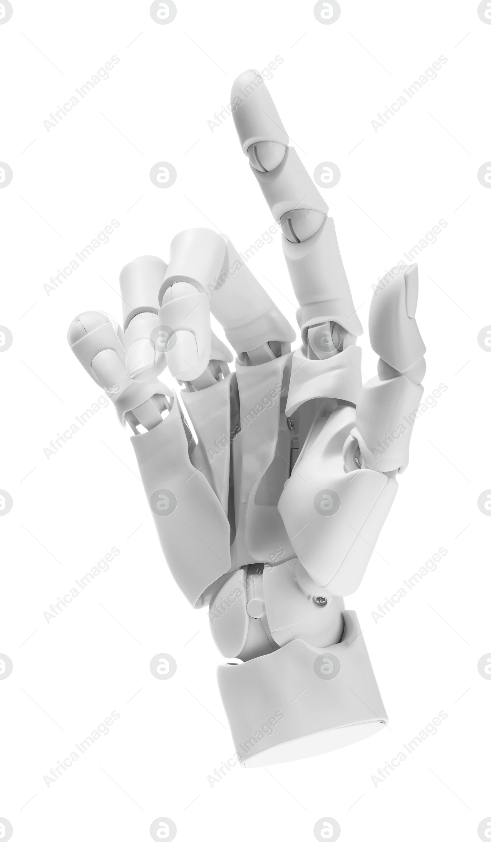 Photo of Artificial intelligence. Robot hand pointing at something on white background