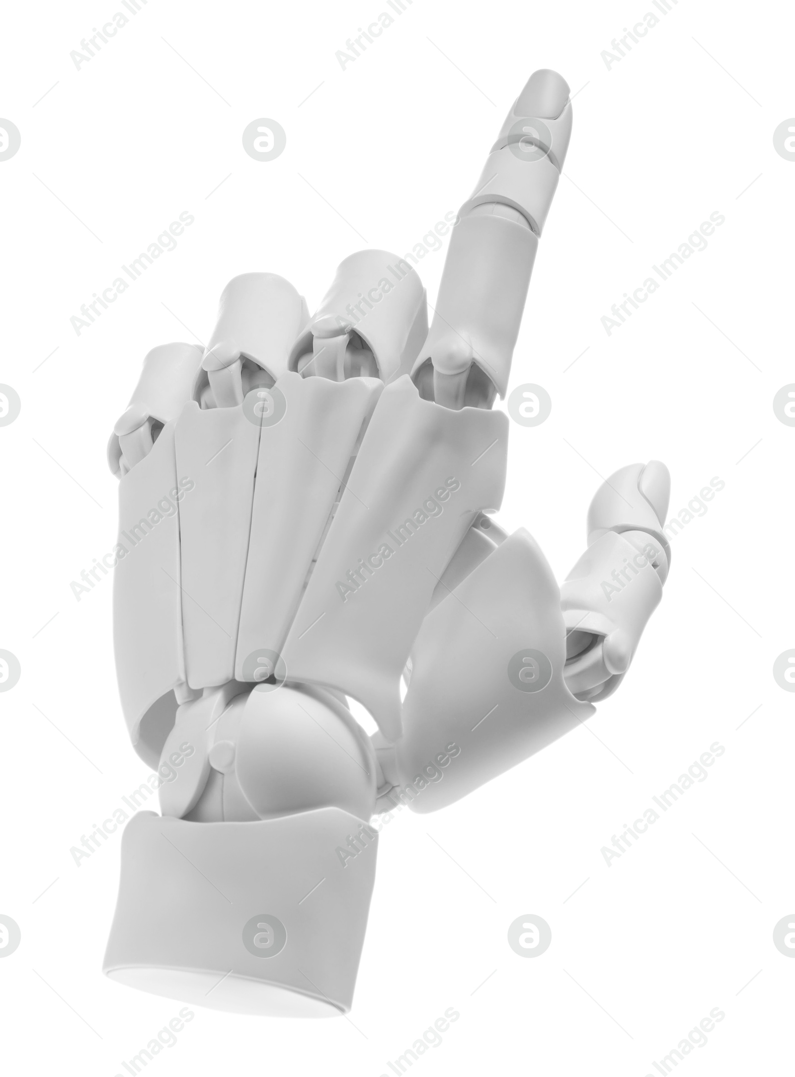 Photo of Artificial intelligence. Robot hand pointing at something on white background