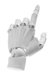 Photo of Artificial intelligence. Robot hand pointing at something on white background