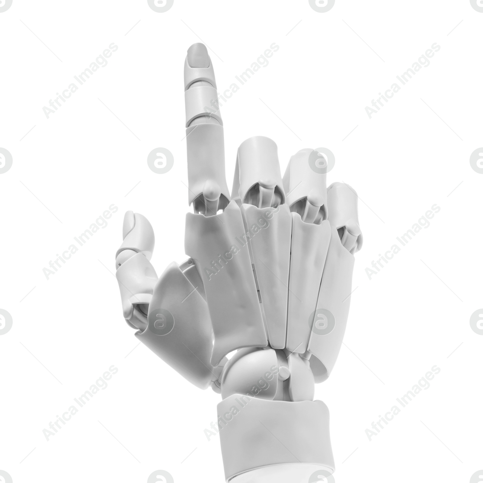 Photo of Artificial intelligence. Robot hand pointing at something on white background