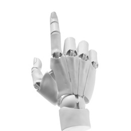 Photo of Artificial intelligence. Robot hand pointing at something on white background