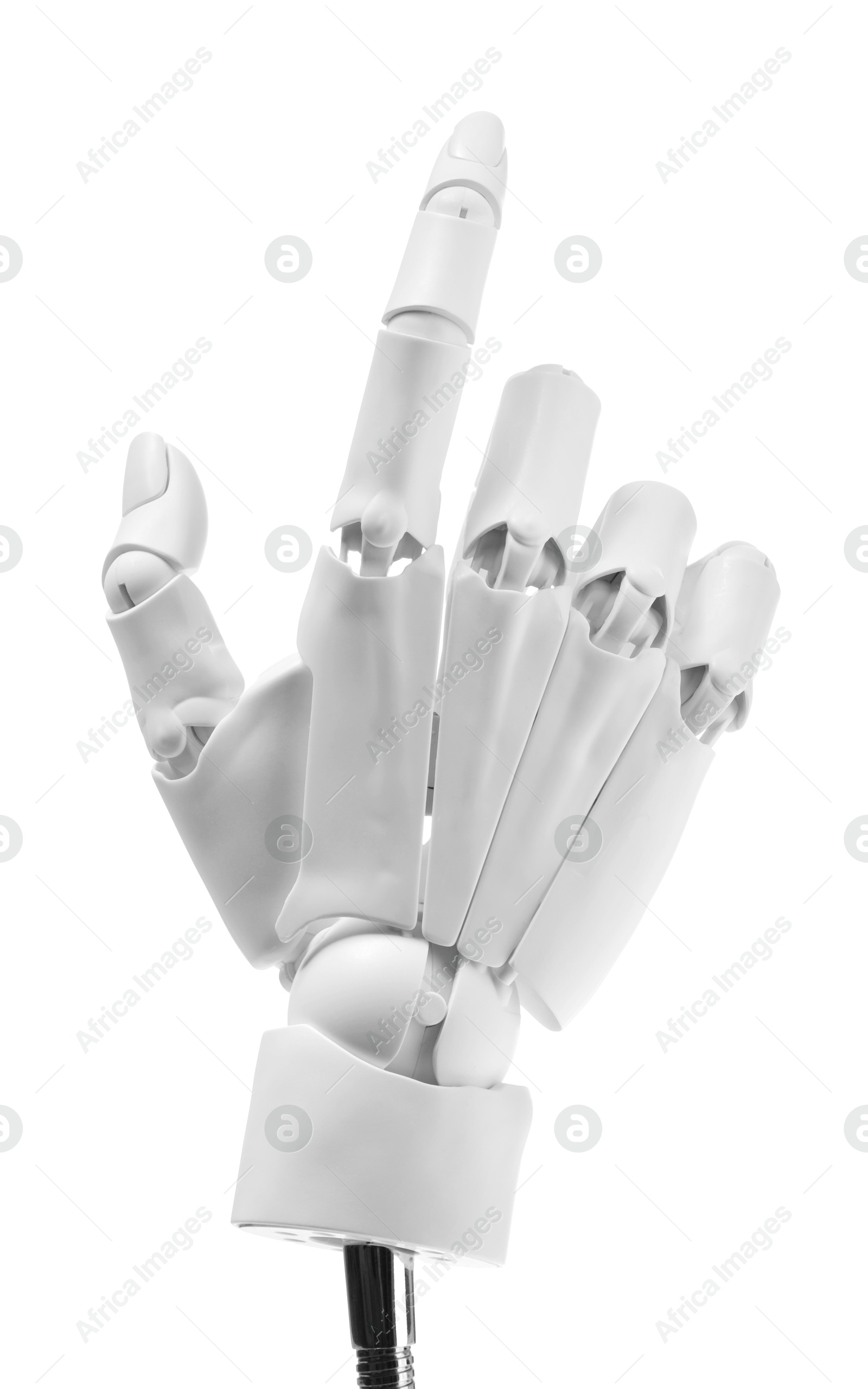 Photo of Artificial intelligence. Robot hand pointing at something on white background