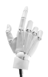 Photo of Artificial intelligence. Robot hand pointing at something on white background