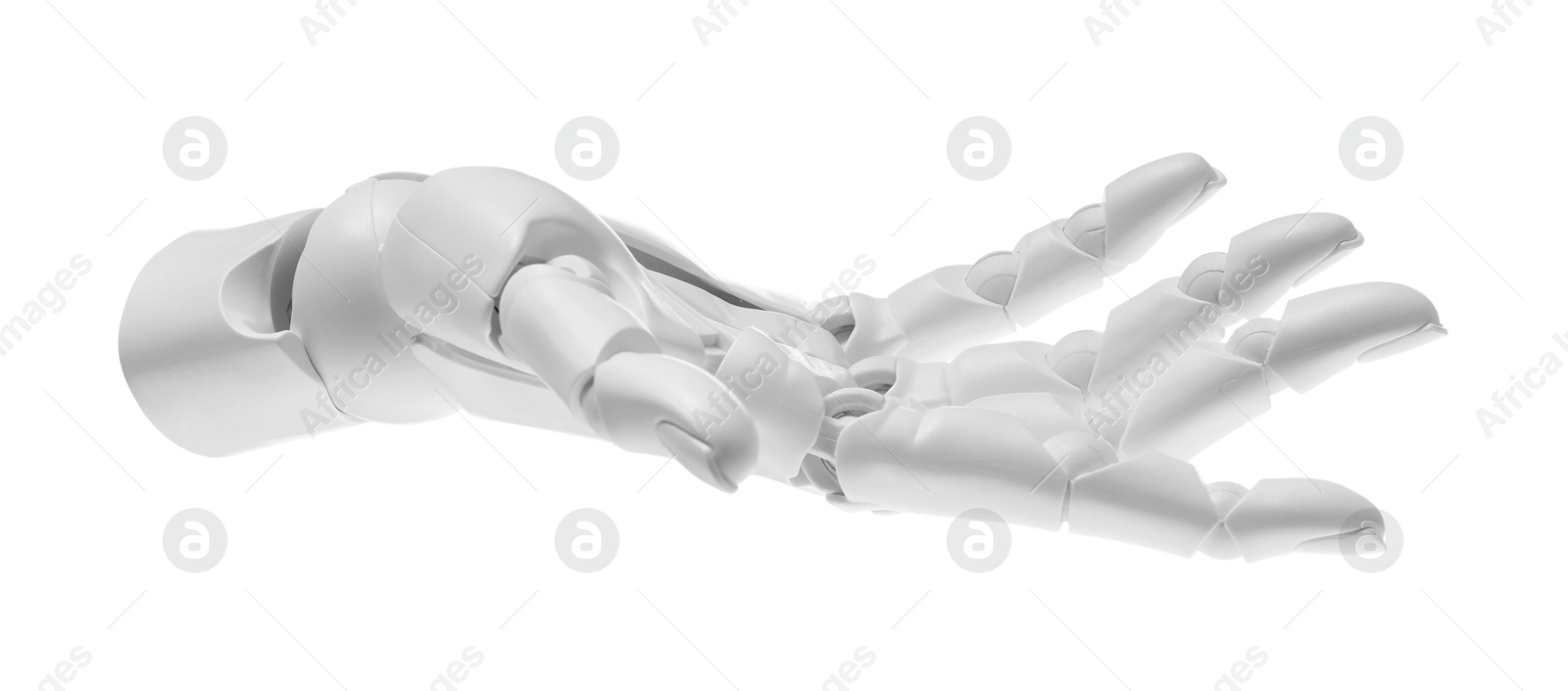 Photo of Artificial intelligence. Robot hand gesturing on white background