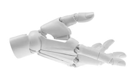 Photo of Artificial intelligence. Robot hand gesturing on white background