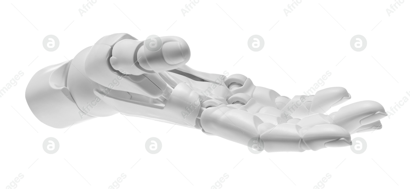 Photo of Artificial intelligence. Robot hand gesturing on white background