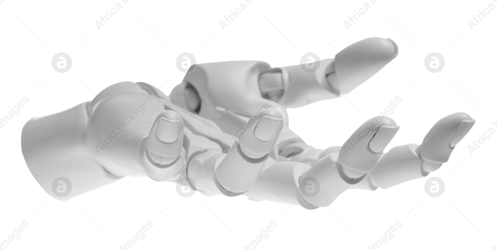 Photo of Artificial intelligence. Robot hand gesturing on white background