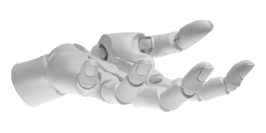 Photo of Artificial intelligence. Robot hand gesturing on white background