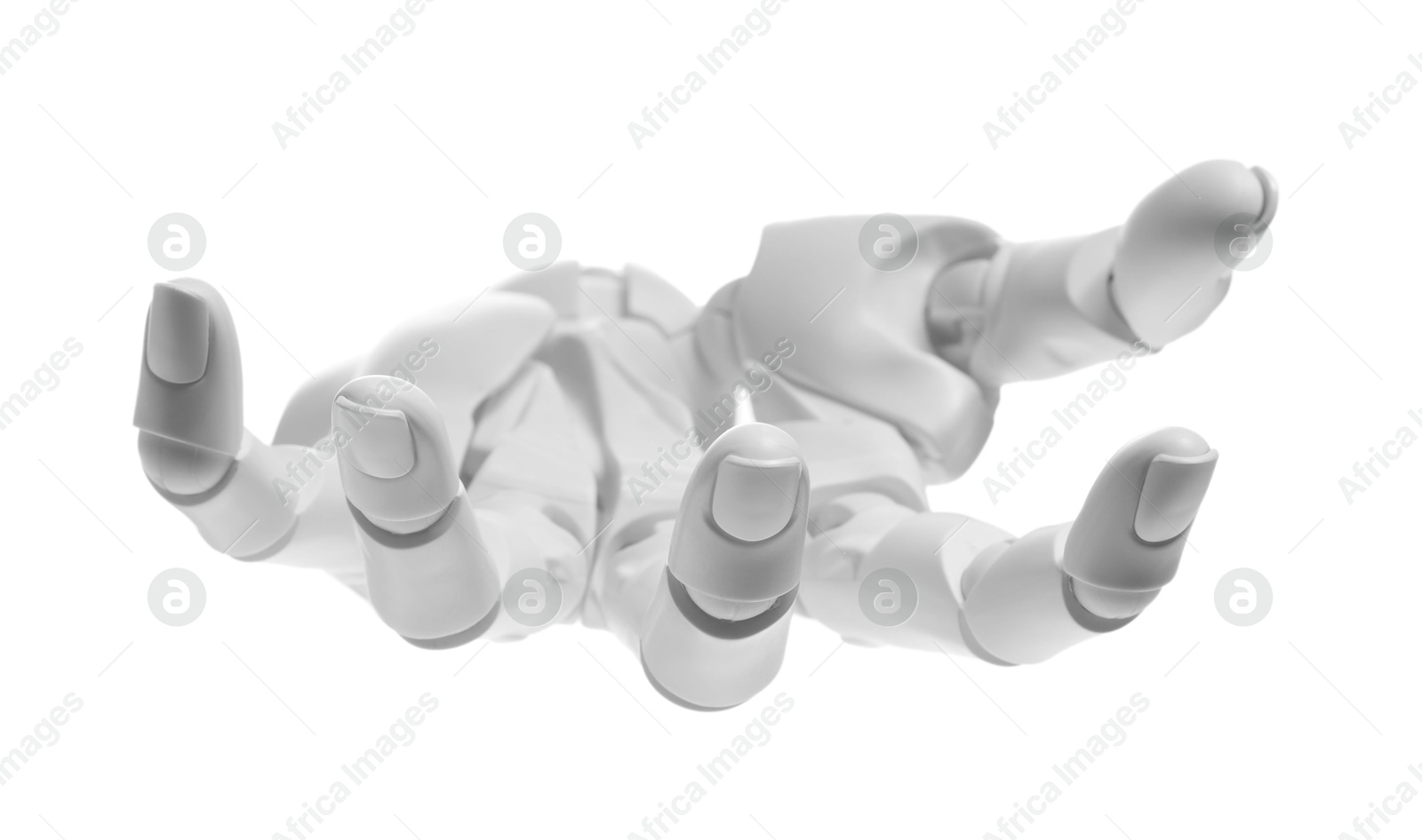 Photo of Artificial intelligence. Robot hand gesturing on white background