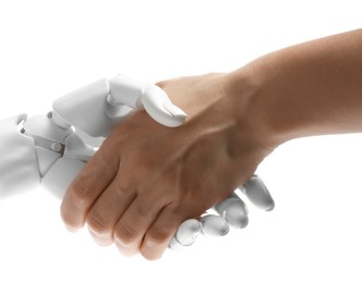 Photo of Artificial intelligence. Woman shaking hands with robot on white background, closeup