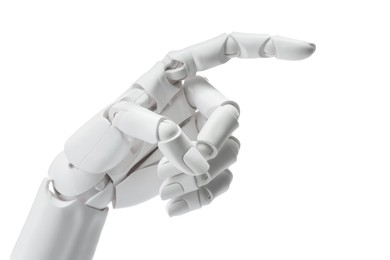 Photo of Artificial intelligence. Robot hand pointing at something on white background