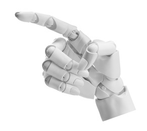 Photo of Artificial intelligence. Robot hand pointing at something on white background