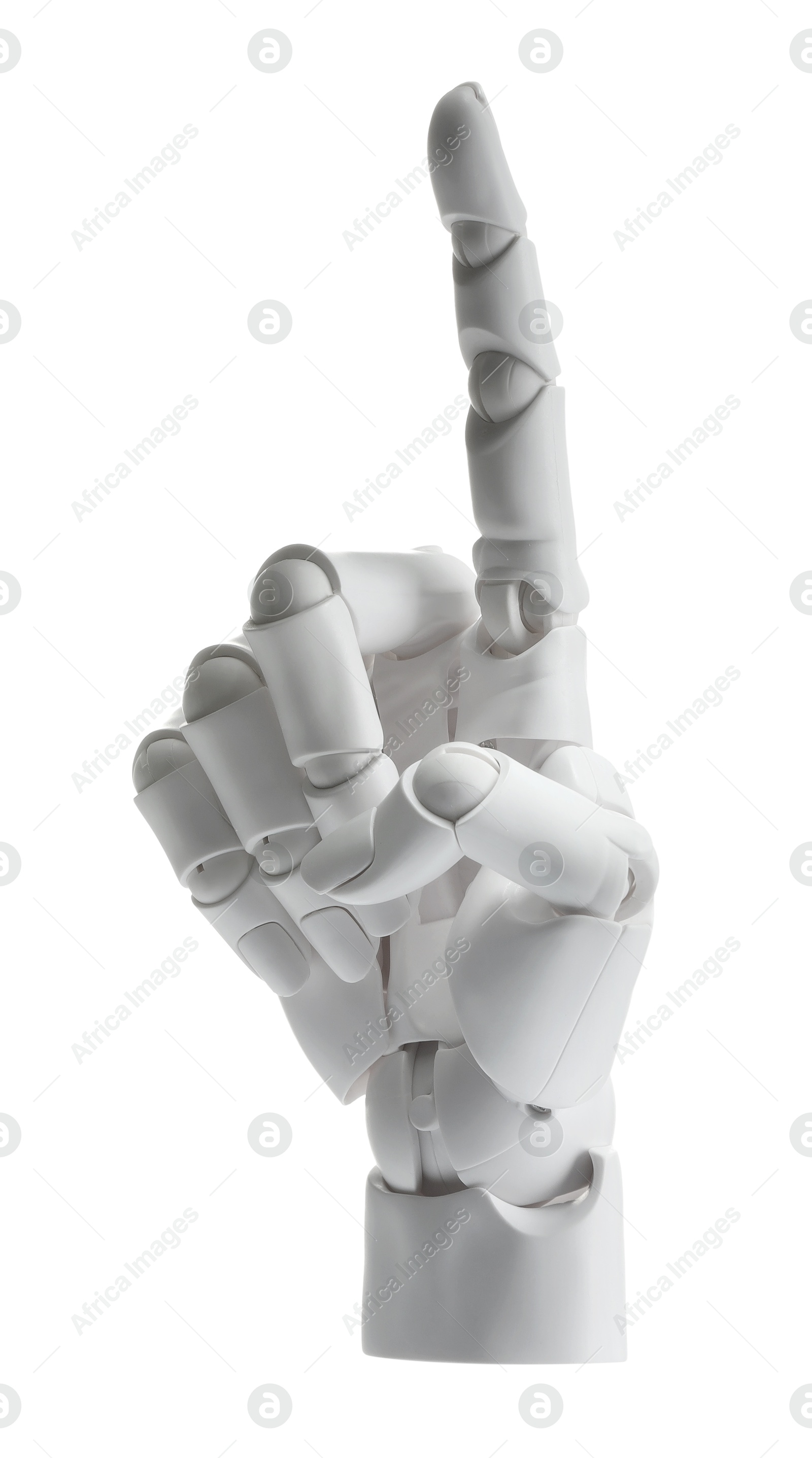 Photo of Artificial intelligence. Robot hand pointing at something on white background