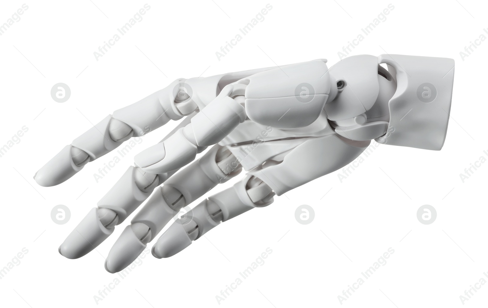 Photo of Artificial intelligence. Robot hand gesturing on white background